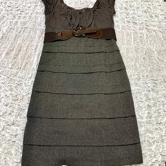BCX brown dress vintage style bodycon  short sleeve with belt dress size 7 - Picture 10 of 13